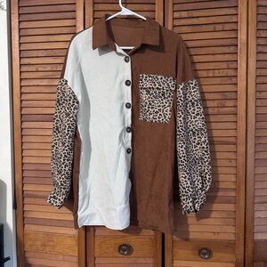 SHEIN Brown Cream Leopard Print Button-Down Shirt